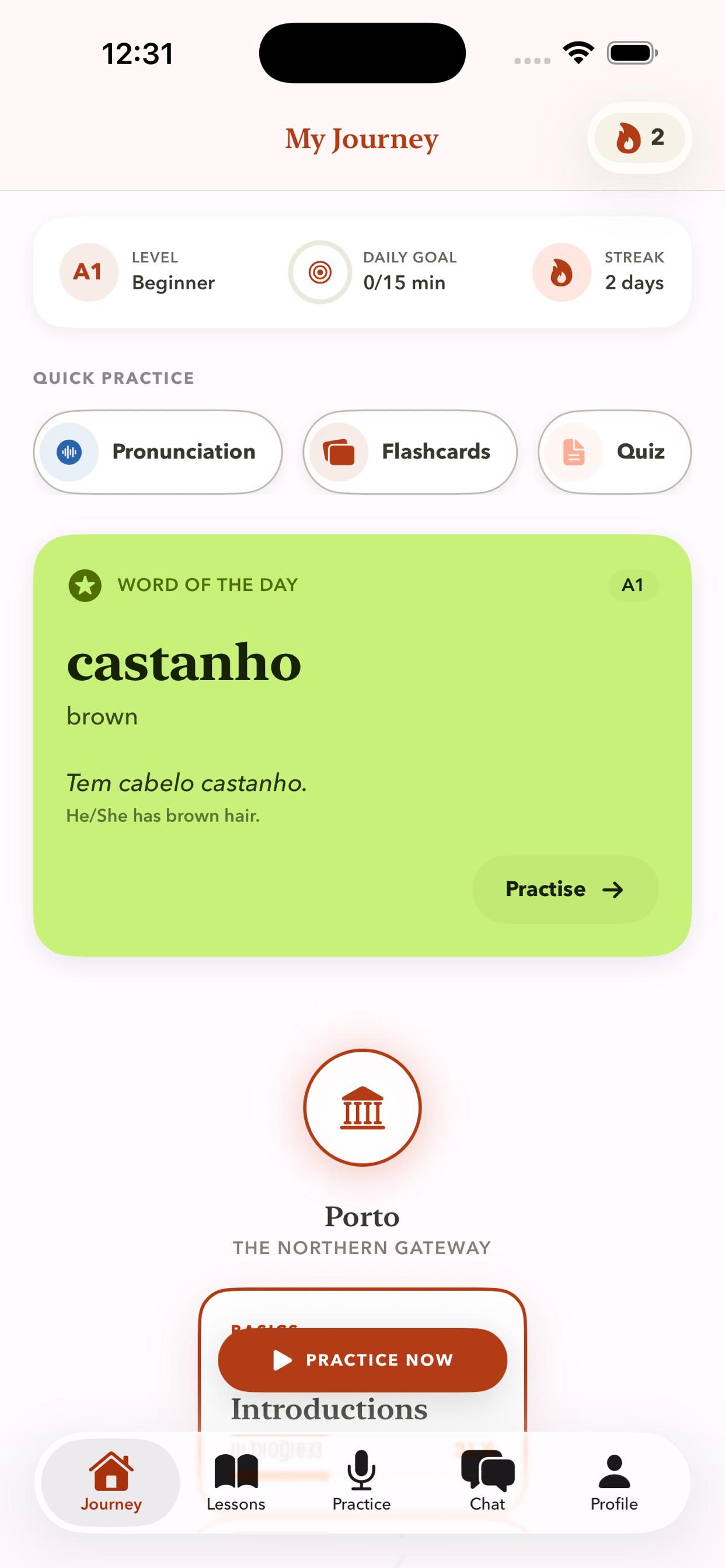 Aprender app home screen showing daily journey, word of the day, and quick practice options