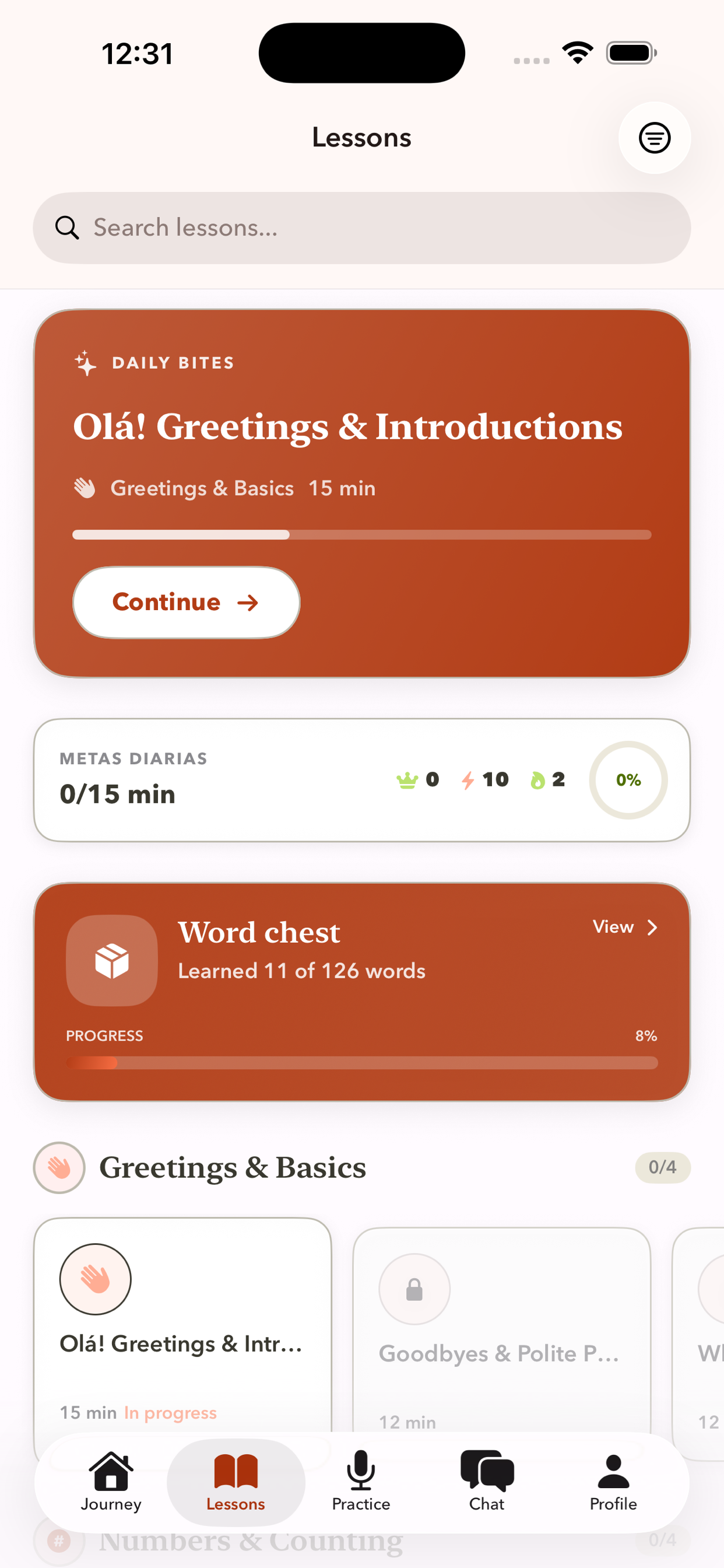 Lessons screen with daily bites and structured categories