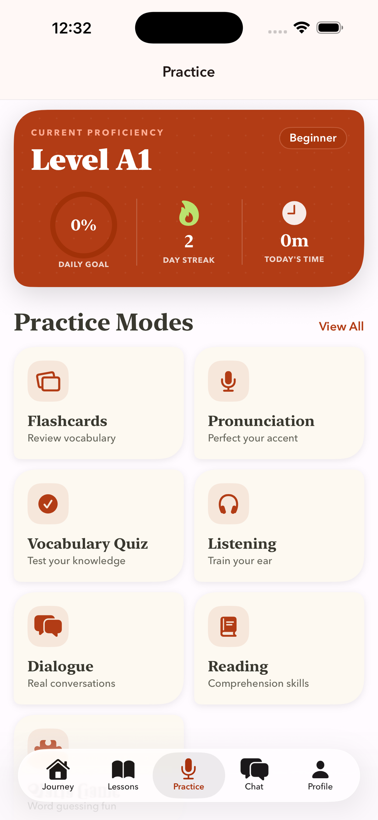 Practice hub with pronunciation, vocabulary, and grammar exercises
